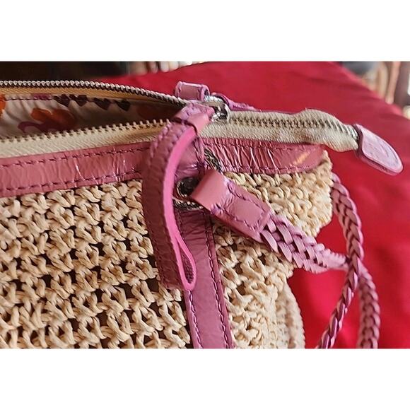 Brighton Woven Straw Raffia Macrame Medium Tan w Pink Shoulder Handbag As Is - Picture 7 of 15